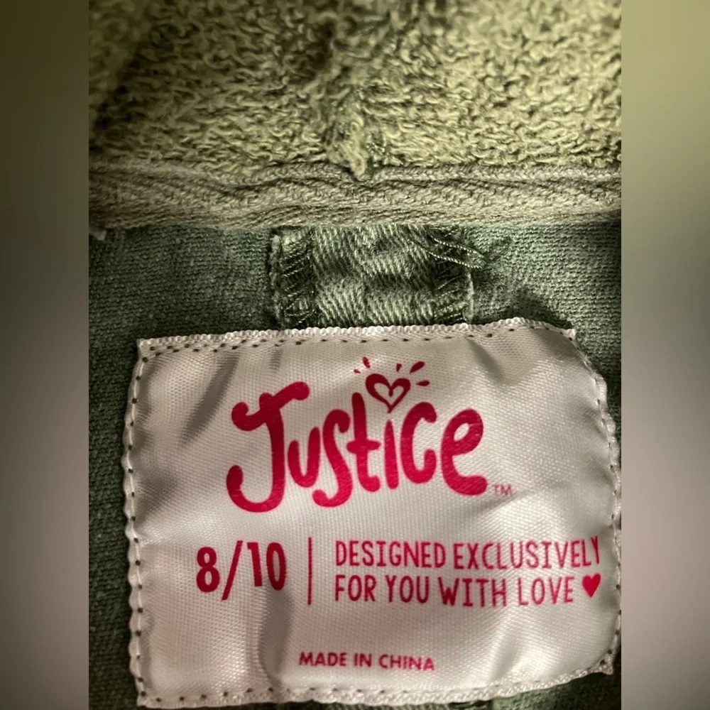 Girl’s Hooded Jacket, 8-10, Faded Olive Green, Full Front Zipper, by Justice